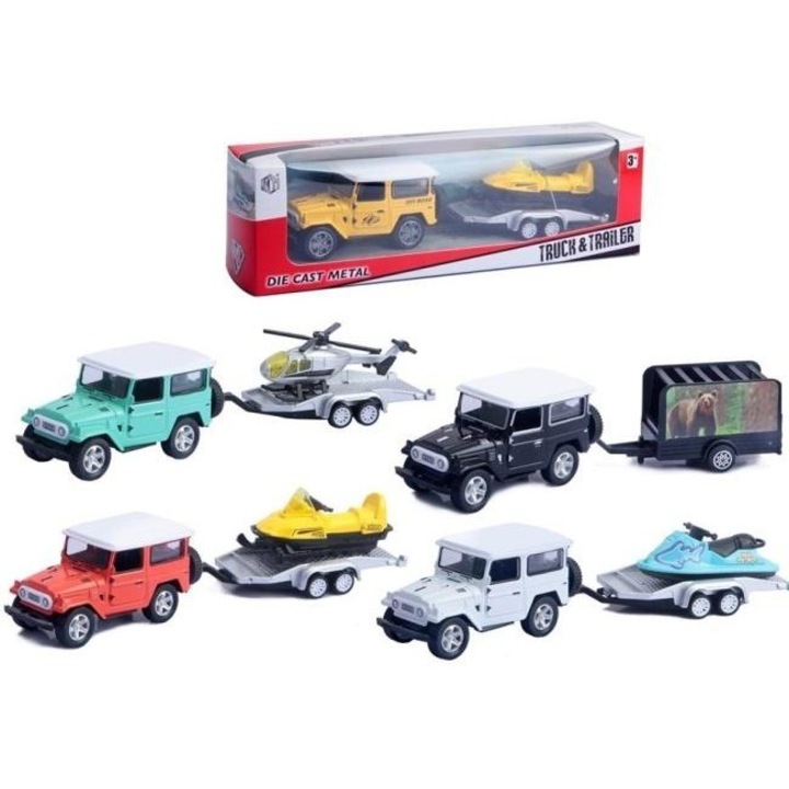 Merkpol 770829 fém Jeep autó utánfutóval és járművel a platón, többszínű