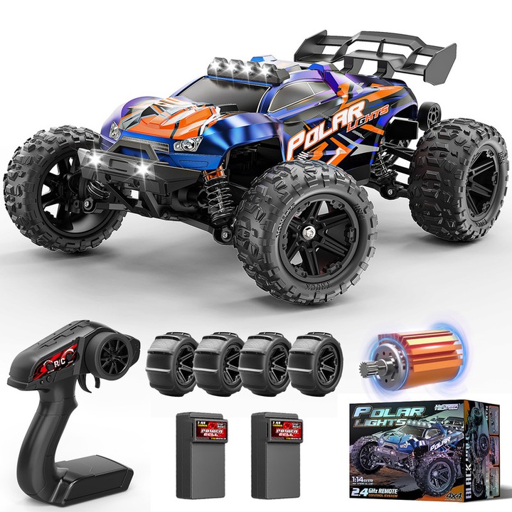 RC коли 1:14 Всъдеходен RC камион за офроуд, 4WD бърза кола с дистанционно управление 40+ км/ч, 4X4 водоустойчиво RC превозно средство с 2 презареждащи се 1300 mAh батерии и 2 комплекта гуми