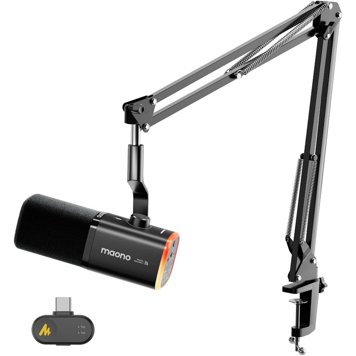 MAONO PD100WS vezeték nélküli dinamikus mikrofon, USB-C és 2.4 GHz, kardioid, 3 szintű zajcsökkentés, állítható RGB, 40 óra üzemidő, állítható fém kar, fekete szín