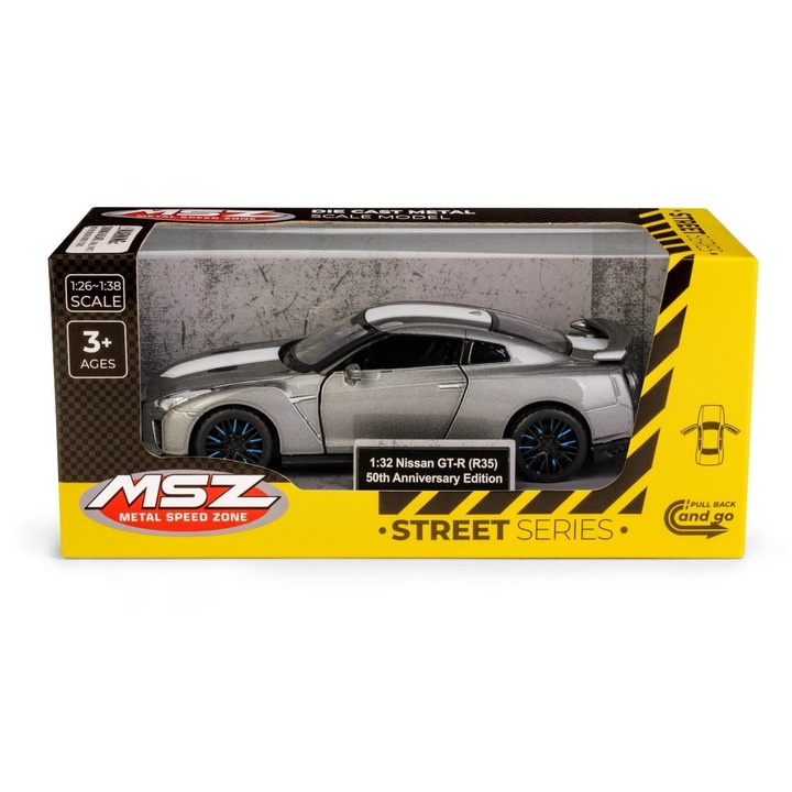 MSZ Nissan GT-R (R35) 50th Anniversary fém modellautó, 1:32 méretarány, pull-back mechanizmus, ezüst