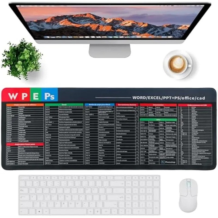 Mouse pad XXL K0575-260807-0664-AMC, scurtaturi in spaniola pentru Word/Excel/PPT/Photoshop/AutoCAD, suprafata rezistenta la apa, baza antiderapanta din cauciuc, margini cusute, negru, 80 x 30 cm