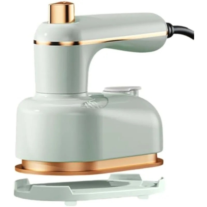 Fier de calcat cu aburi portabil K0575-260807-3810-AMC, rezervor 180 ml, talpa ceramica, control automat temperatura, protectie anti-arsura, pliabil, 220V, verde deschis/auriu
