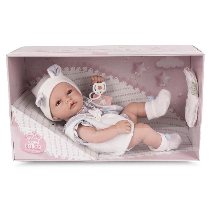 Papusa bebelus Berbesa Martin 783205, din vinil, cu accesorii, in cutie cu fereastra, multicolor, 42 cm