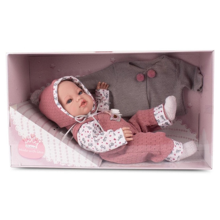 Papusa bebelus Berbesa 783397, din vinil cu accesorii, in cutie cu fereastra, Multicolor, 42 cm