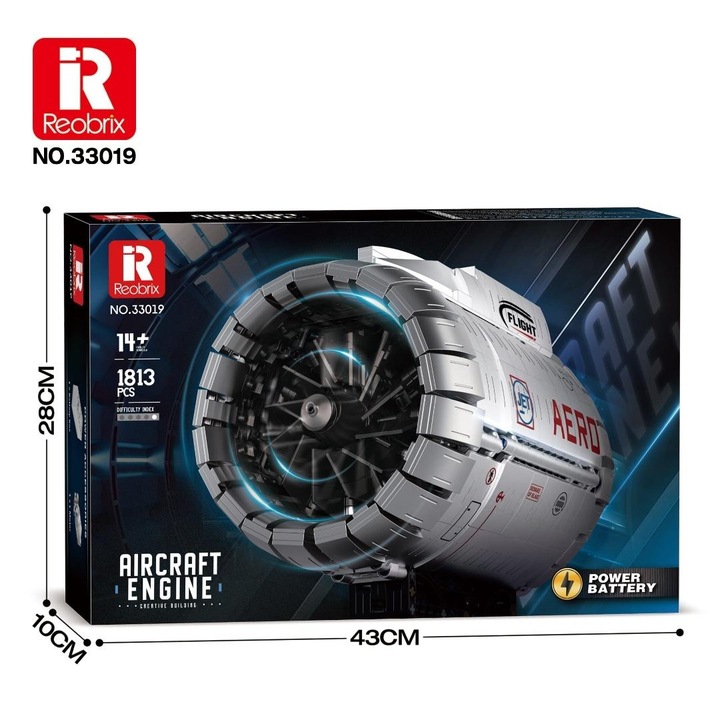 Model motor turbofan Reobrix NO.33019, set de construit 1813 piese, cu functie alimentare pe baterie, multicolor