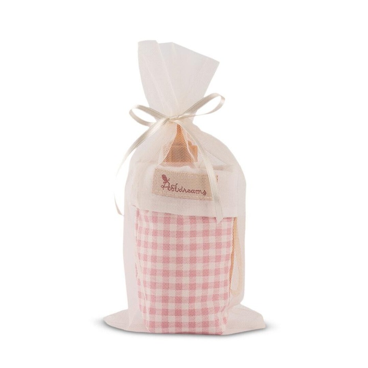 Sticla pentru papusa Asi Patricia cu saculet textil in carouri roz, multicolor, 787083