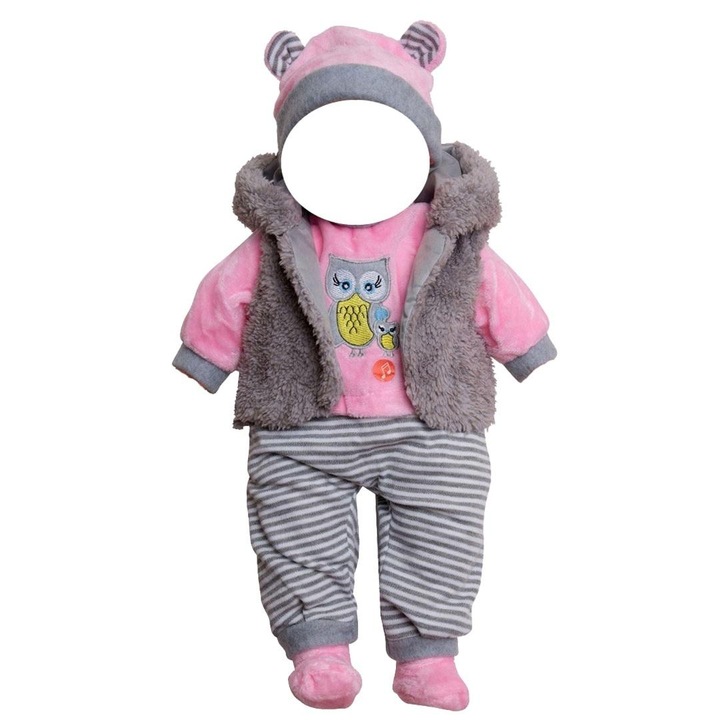 MarioToys, set hainute pentru papusa din plus cu vesta blanita si caciula cu urechi, roz/gri, 40–45 cm