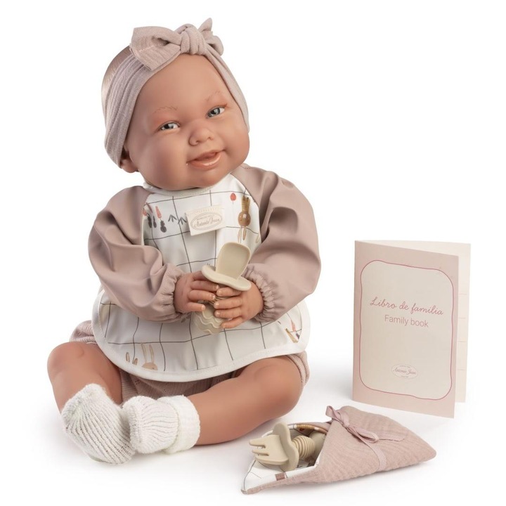 Papusa reborn Antonio Juan Martina, vinil, colectionabila, cu accesorii (suzeta, carte de familie), Multicolor, 52 cm, model 783943