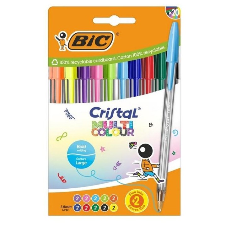 Химикалки BIC Cristal Multi Colour, връх 1,6 мм, многоцветно мастило, многоцветни, 20 бр.