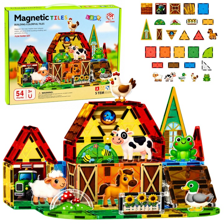Set de blocuri magnetice Lean Toys 32051, ferma cu animale, multicolor, 54 piese