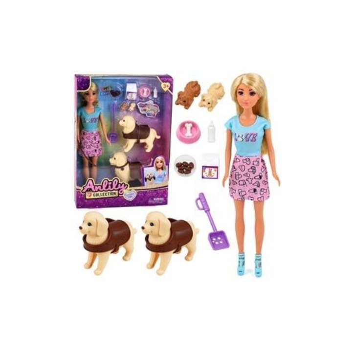 Papusa din vinil Leantoys Anlily cu 2 catei si accesorii, multicolor, model 798916