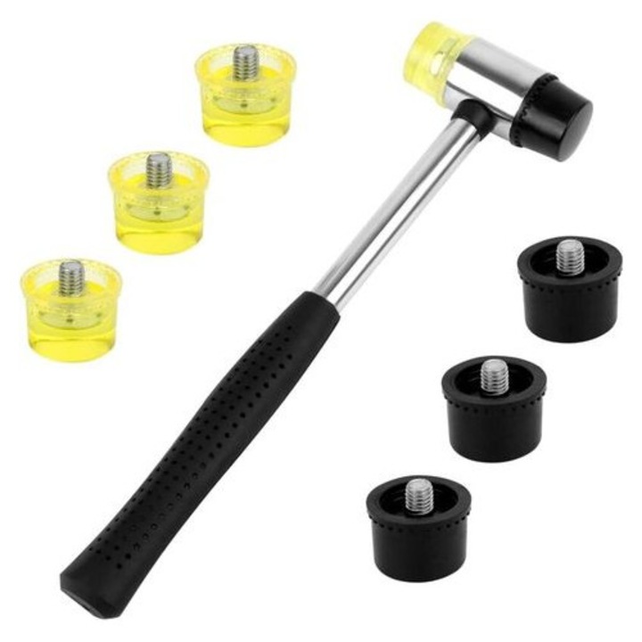 Ciocan cu cap din cauciuc MA-K0446-260807-1460, dublu, cu 6 capete inlocuibile, maner antiderapant, negru/galben