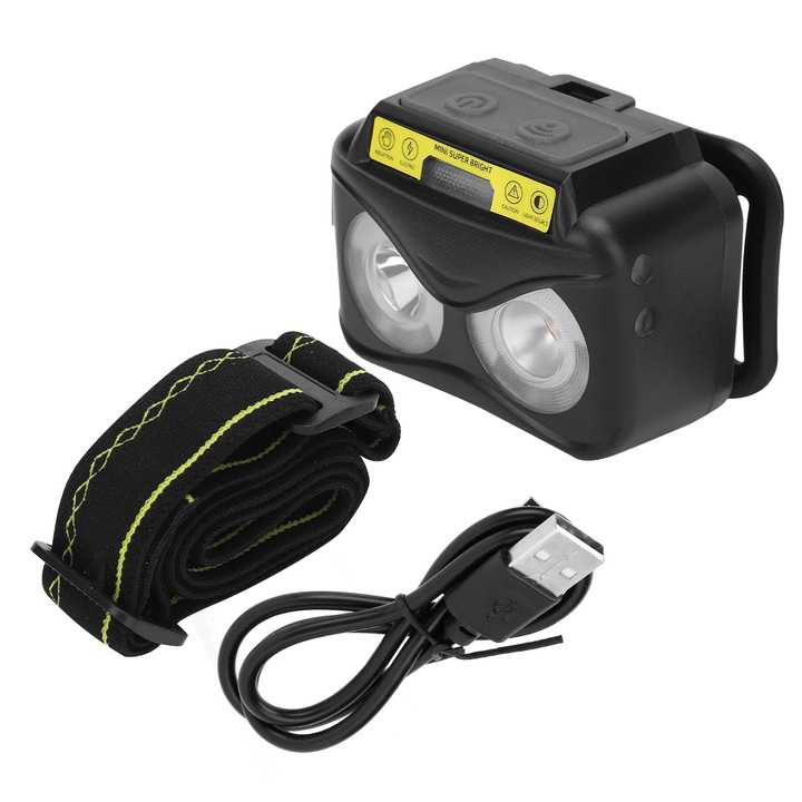 Lanterna frontala ZYBLSSBB LSM2xh4128-BCS0044787, XPG+COB 300 lm, acumulator 800mAh incorporat, incarcare micro-USB, senzori de inductie, IPX65, 6 moduri, negru