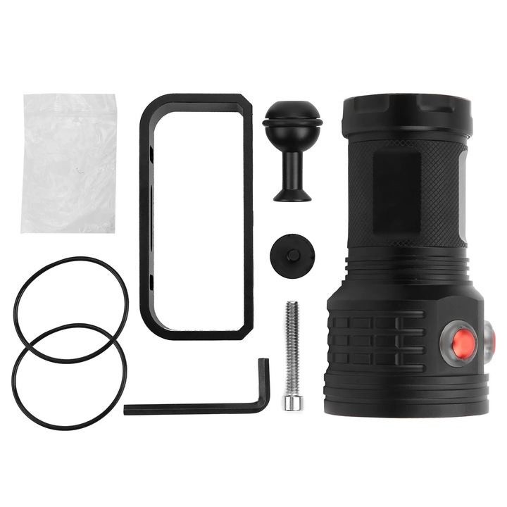 Lanterna de scufundare ZYBLSSBB LSM2xh2524-BCS0040077, LED 15×5050 alb + 6×rosu + 6×albastru, IPX8 80 m, raza 300–500 m, alimentare 4×18650 (nu incluse), 125 mm, negru