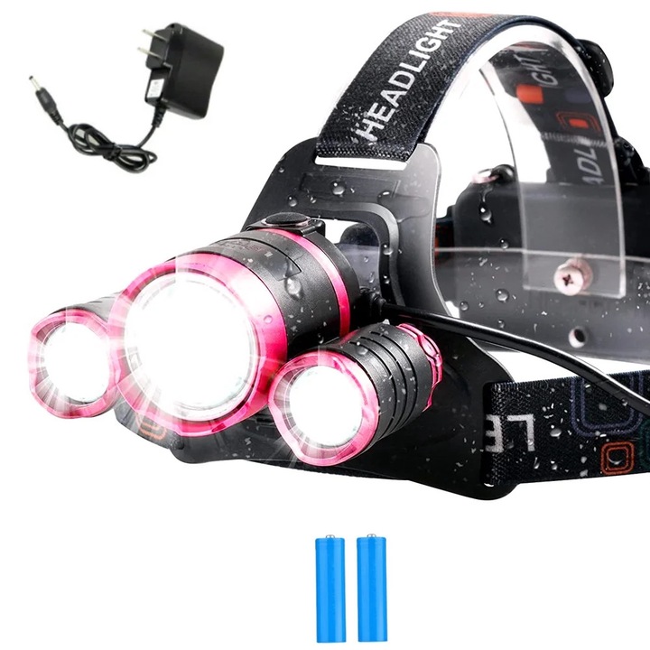 Lanterna frontala ZYBLSSBB LSM2xh2463-BCS0039750, USB reincarcabila, 3 LED cu zoom, rezistenta la apa, negru/rosu, include 2 acumulatori si incarcator