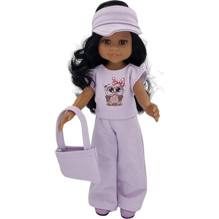 MarioToys, Haine pentru papusi din textil, set cu top, pantaloni, vizor si geanta pentru Paola Reina, lila, 32 cm