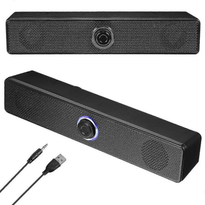 Soundbar FG123K0225-260807-045, compact cu sunet stereo, conexiune AUX 3.5 mm si alimentare USB, iluminare LED, negru, 31.5 x 5.6 x 5.6 cm