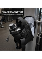 Geanta fitness cu prindere magnetica pe aparatele de sala, tip borseta, suport pentru sticla si telefon, 3 magneti, neagra/gri/roz