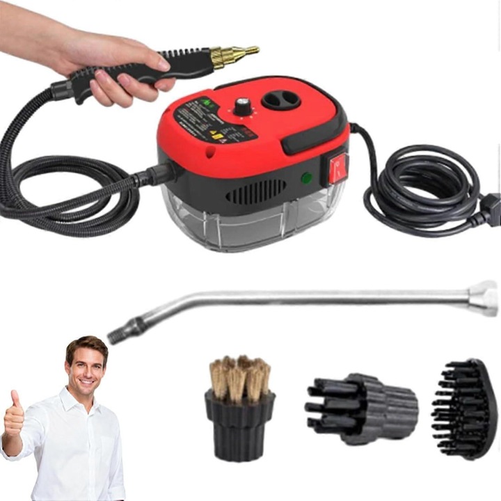 Curatator cu aburi portabil FG123K0225-260807-1487, 2500W, incalzire rapida 10s pana la 105°C, rezervor 1 l, 6 trepte presiune, accesorii multiple incluse, rosu-negru