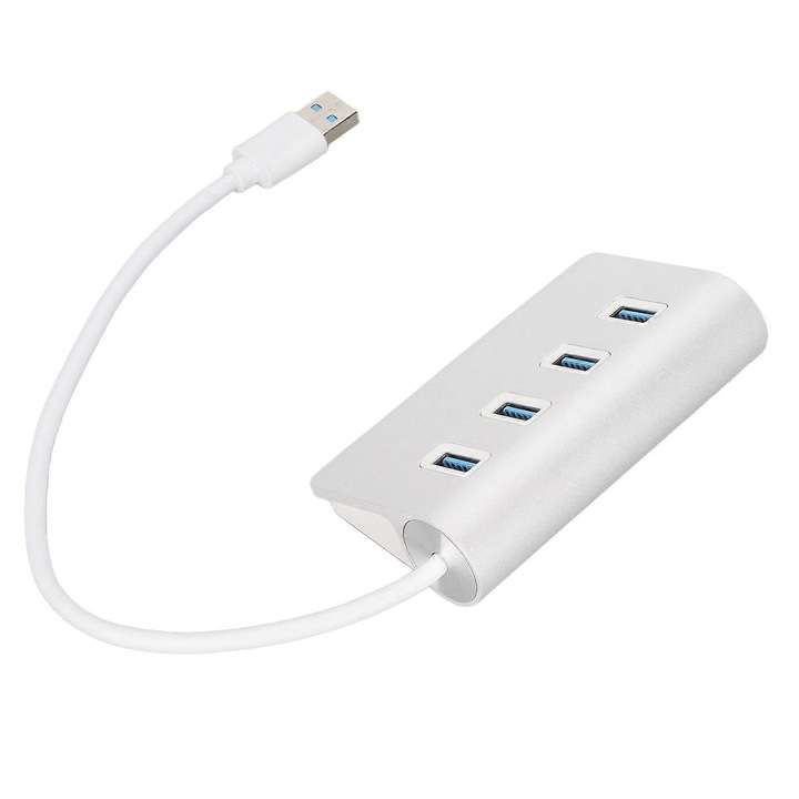 Hub USB 3.0 FG123K0225-260807-288, 4 porturi, transfer 5Gbps, carcasa aluminiu, bus-powered, compatibil USB2.0/1.1, argintiu