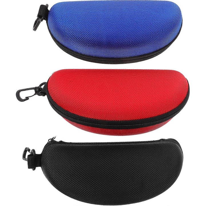 Etui pentru ochelari FG123K0225-260807-474, semi-rigid EVA cu fermoar si carabiniera, albastru/rosu/negru, set 3 buc.
