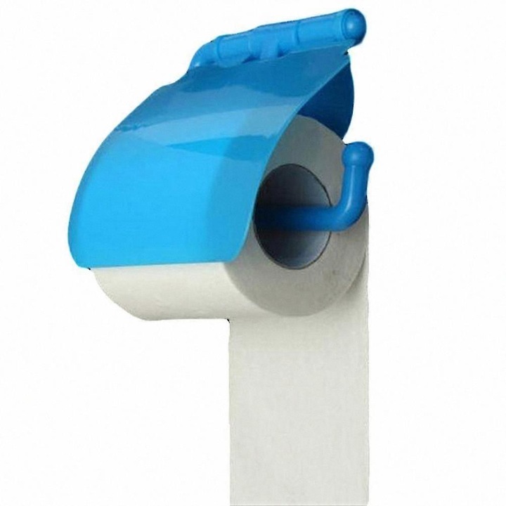 Suport pentru hartie igienica montat pe perete FG123K0225-260807-5725, din plastic cu capac, montare prin ventuza, compatibil role pana la 11 cm latime/14 cm diametru, albastru, 13.7 x 13.5 cm