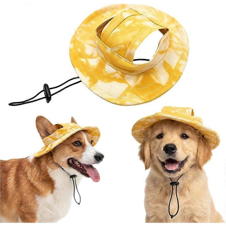 Palarie bucket pentru caini din bumbac, respirabila, cu gauri pentru urechi si cordon reglabil, margine lata pentru protectie solara, galben tie-dye
