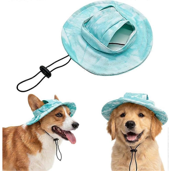 Palarie bucket pentru caini din bumbac, gauri pentru urechi, snur reglabil gros, bor lat pentru protectie UV, tie-dye, turcoaz