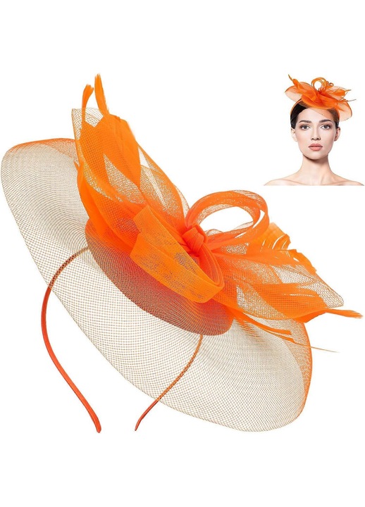 Fascinator bentita din gaze cu pene artificiale si funda decorativa, portocaliu