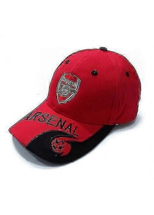 Sapca baseball din bumbac, brodata cu logo Arsenal, reglabila cu catarama metalica, rosu/negru, circumferinta 56–64 cm, bor 7 cm