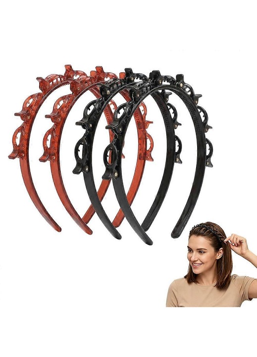 Banda pentru par din plastic cu cleme, reversibila tip coreean cu dinti anti-alunecare, negru/maro, set 2 buc.