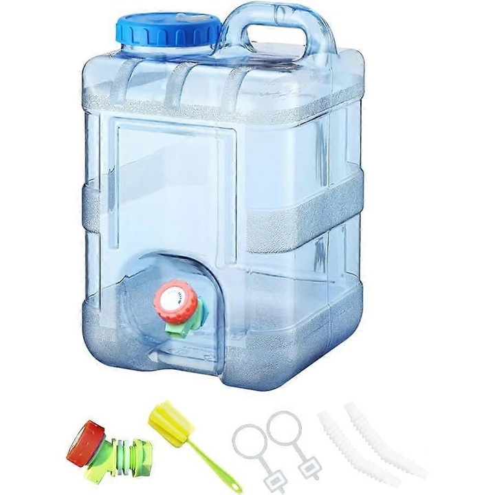 Recipient de apa portabil FG123K0225-260807-2324, din plastic alimentar, cu robinet si maner, transparent cu capac albastru, 10 L