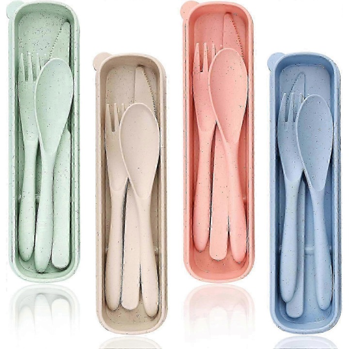 Set tacamuri reutilizabile pentru calatorie din plastic, lavabile in masina de spalat, cu cutii de depozitare, multicolor, 4 seturi (furculita, cutit, lingura)