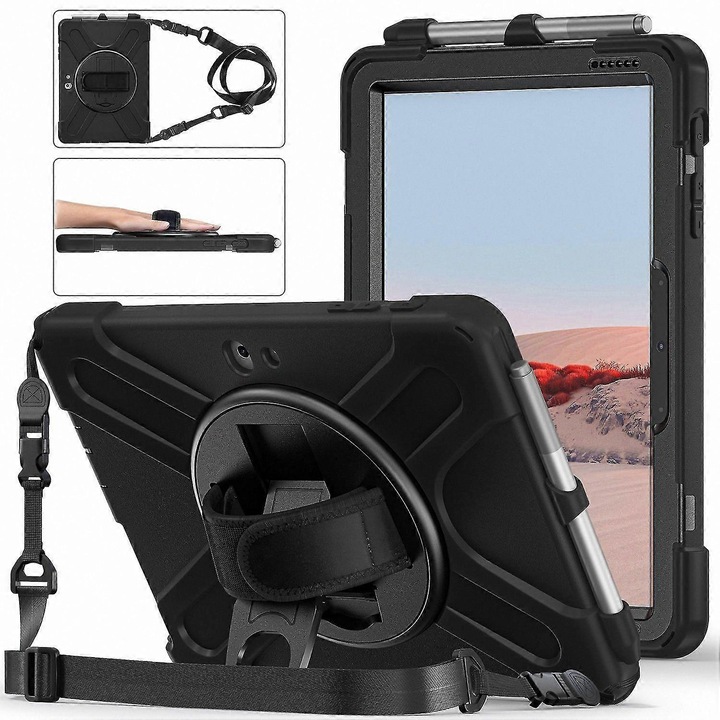 Husa de protectie pentru Surface Go FG123K0225-260807-5635, antisoc din silicon si policarbonat, suport rotativ, curea de umar si banda pentru mana, slot pentru stylus, negru