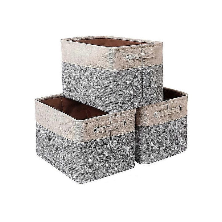 Set de 3 cutii de depozitare pliabile din material textil, gri/bej, cu manere