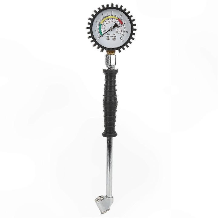 Manometru pentru anvelope FG123K0225-260807-3440, mecanic cu ac, 0–220 PSI (0–16 bar), acuratete ±5 PSI, carcasa zinc si protectie din cauciuc, negru/alb
