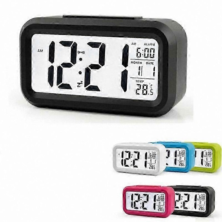 Ceas alarma digital LED FG123K0225-260807-3663, iluminare nocturna cu senzor, termometru, calendar, functie snooze, alimentare 3xAAA, negru, 138 x 80 x 45 mm
