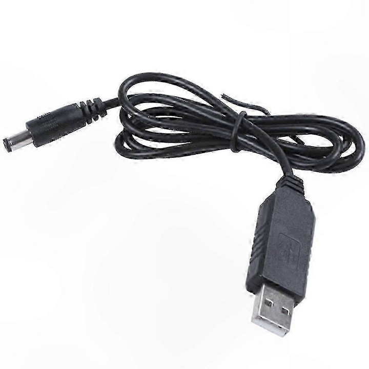 Cablu adaptor USB la DC cu convertor boost FG123K0225-260807-4378, mufa DC 5.5x2.1 mm, input 5V USB → output 9V/12V, curent recomandat ≤800 mA, negru, 1 m