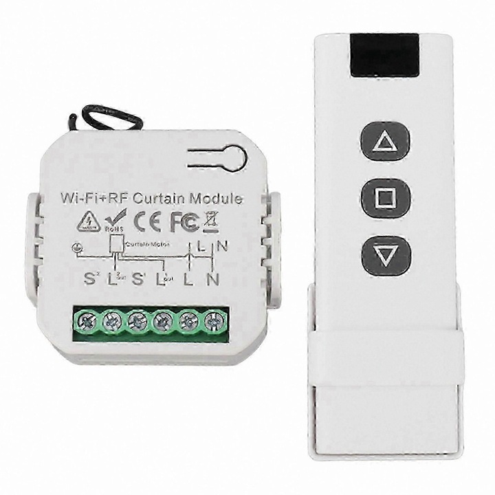 Kit retrofit control rulouri wireless FG123K0225-260807-4423, RF 433 MHz self-learning, telecomanda 3 butoane cu baterie 23A 12V, receptor pentru doza incastrata 100–240V, raza pana la 1100 m, alb