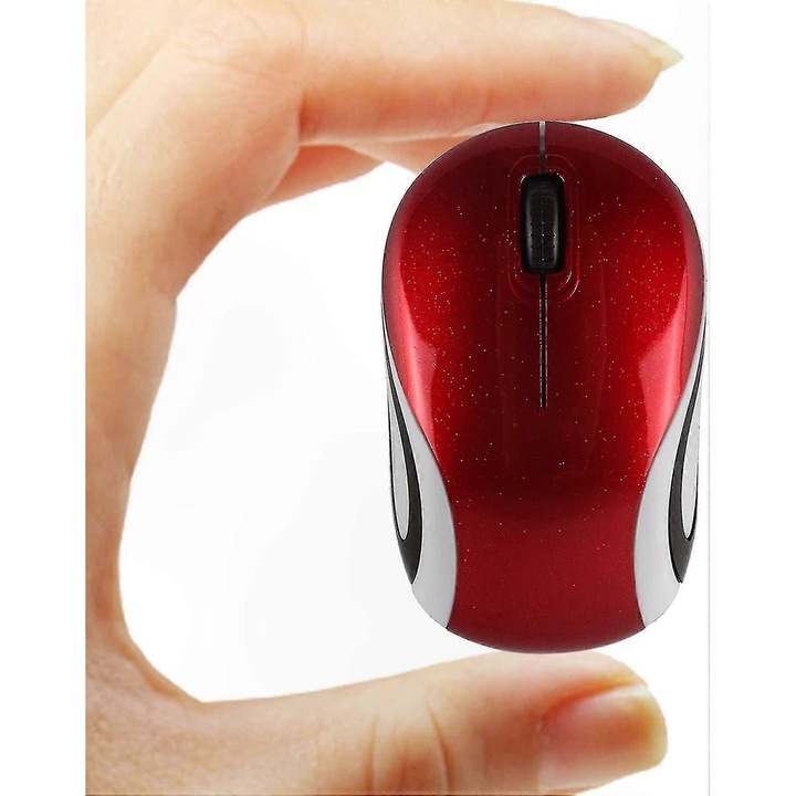 Mouse optic wireless FG123K0225-260807-5446, 2.4 GHz cu receptor USB nano, 1600 DPI, 3 butoane, alimentare 1×AAA, mini portabil, rosu, 3.23 x 1.97 x 1.26 inchi