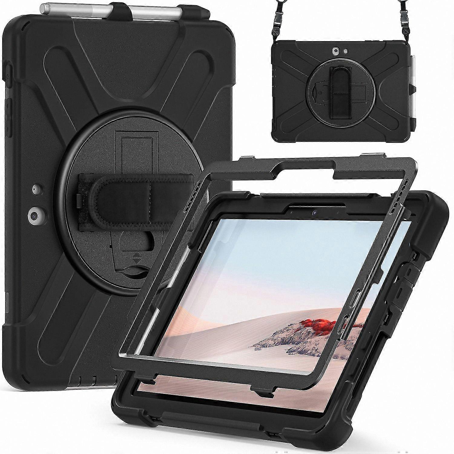 Husa de protectie pentru Surface Go FG123K0225-260807-5635, antisoc din silicon si policarbonat, suport rotativ, curea de umar si banda pentru mana, slot pentru stylus, negru