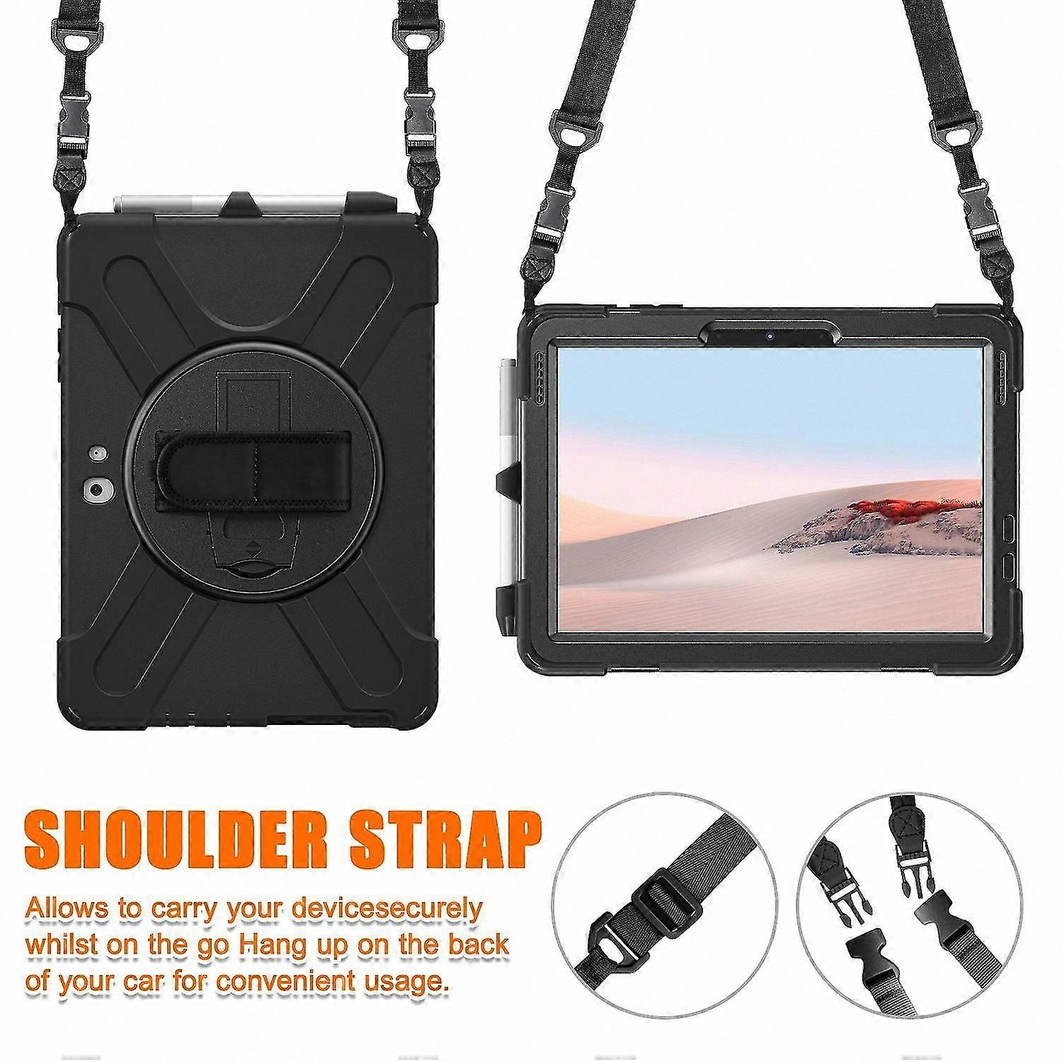 Husa de protectie pentru Surface Go FG123K0225-260807-5635, antisoc din silicon si policarbonat, suport rotativ, curea de umar si banda pentru mana, slot pentru stylus, negru