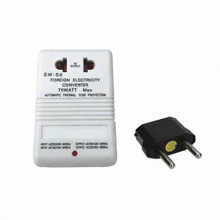 Convertor de tensiune dual canal FG123K0225-260807-5758, conversie 110/120V - 220/240V, 70 W max, priza EU, include adaptor US→EU, alb