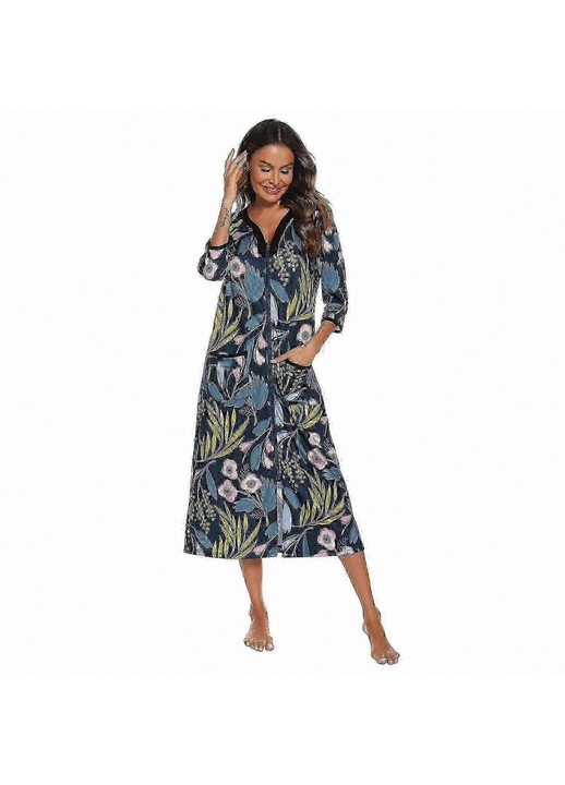 Halat de dama casual imprimat, cu decolteu in V, fermoar si maneci 3/4XL bleumarin