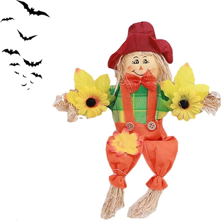 Sperietoare decorativa pentru gradina FG123K0225-260807-1587, cu palarie rosie, salopeta portocalie si flori galbene, Multicolor, pentru toamna/Halloween
