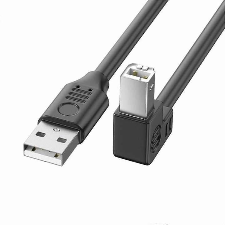 Cablu USB 2.0 la USB-B FG123K0225-260807-6168, conector unghiular 90° (dreapta/stanga/sus/jos/drept), ecranare foil si impletitura, suport 480 Mbps, negru, lungimi 30/50/100/150/200 cm