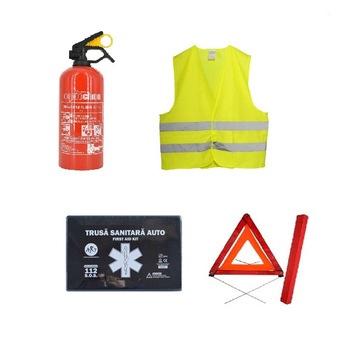 Kit siguranta auto certificat R.A.R. cu valabilitate 5 ani - 2 triunghiuri, trusa medicala,vesta,stingator Kit siguranta auto certificat R.A.R. cu valabilitate 5 ani - 2 triunghiuri, trusa medicala,vesta,stingator