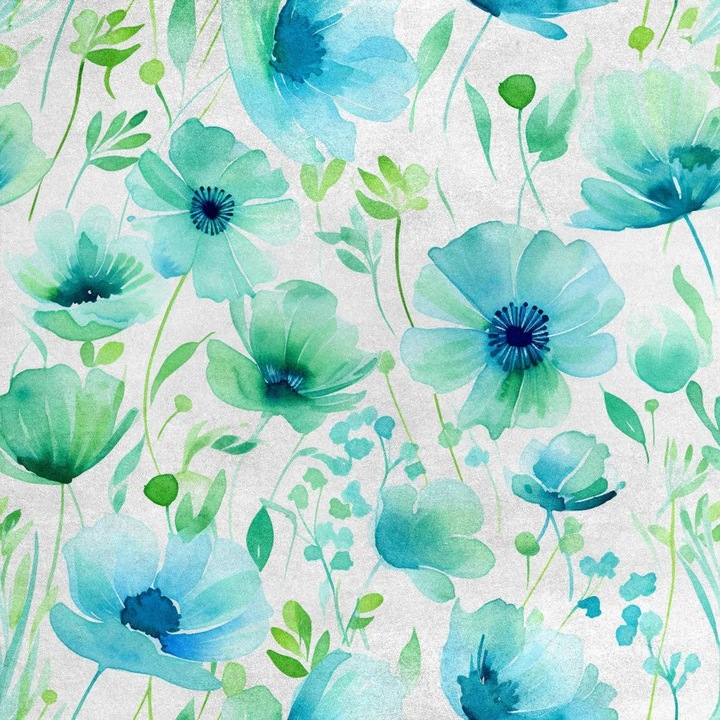 Bársonyos textil anyag dekorációhoz K0345-0808-KFCJ-xw1140, 280 g/m², virágmintás, szélesség 145 cm (140 cm nyomtatott), kopásállóság 30.000 ciklus, türkiz/zöld fehér alapon