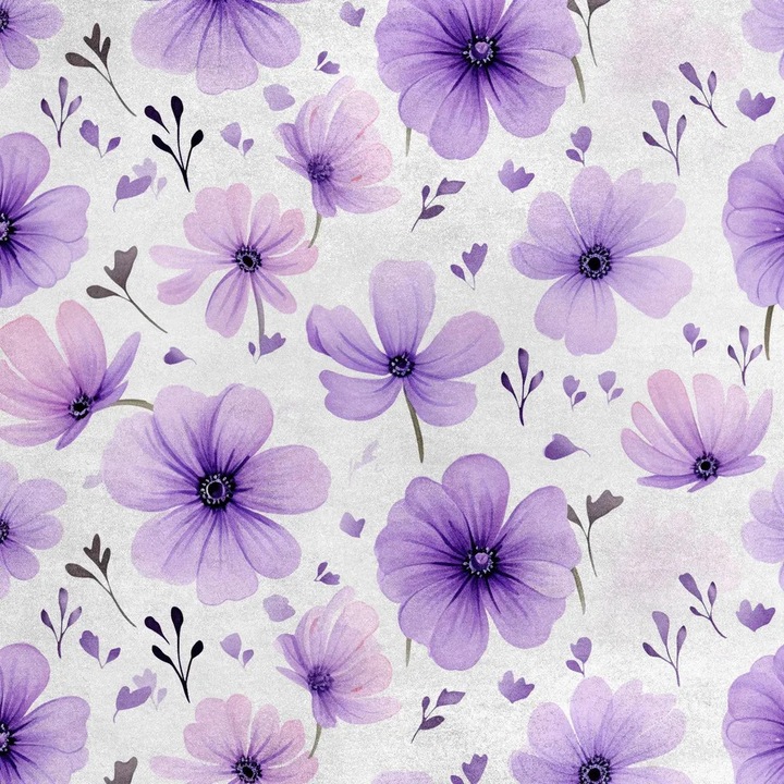 Anyag bársony méteráru K0345-0808-KFCJ-xw1129, poliészter 280 g/m², szélesség 145 cm (140 cm nyomtatott), virágmintás, lila fehér alapon