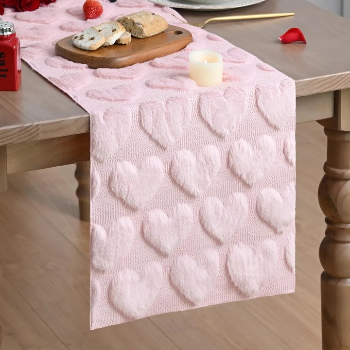 Asztali futó K0345-0808-KFCJ-xw1363, plusz szintetikus bársony 3D bolyhos szívekkel, rózsaszín, 33 x 153 cm